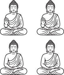 Set of Meditating Buddha Outline vector illustration isolated On Transparent Background