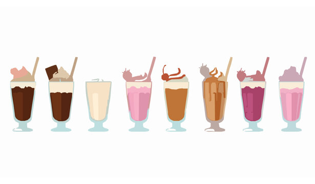 Classic milkshake with cream flat vector set of sweet dessert cocktails isolated on white