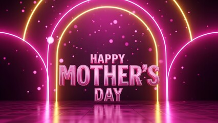 Vibrant neon happy mother's day archway with pink and orange lights