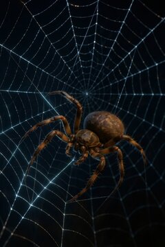 Spider creating its intricate web, glowing softly against a dark background, illustrating concepts of danger, fear, and complexity