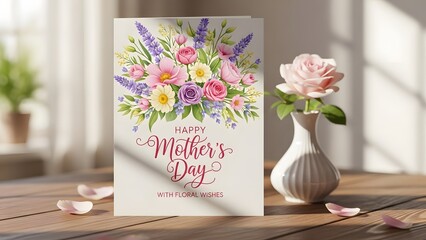 Happy mother's day card with floral arrangement and vase