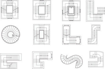 Architectural design presents a detailed overhead view of diverse staircases, showcasing various patterns and configurations, offering inspiration for innovative architectural layouts.