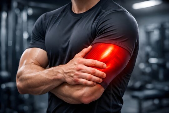 Man holding bicep muscle suffering from arm pain or sports injury