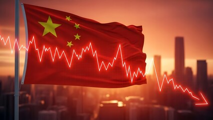 Chinese flag with a red neon graph and arrow pointing down on a cityscape background at sunset