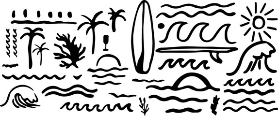 Hand drawn doodle beach, wave and surf vector drawing set. Tropical coastal illustrations like palm trees, waves, surfboards, and sun perfect for summer designs, t-shirts prints, posters.