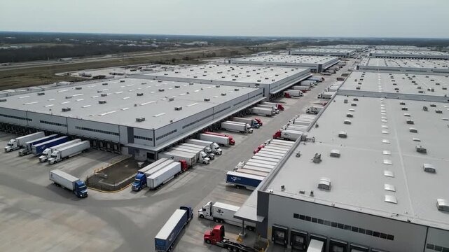 Drone view of transport terminal with warehouses and trucks

