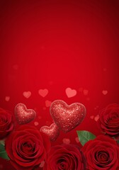 red roses and hearts on red background with hearts