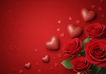 red roses and hearts on red background