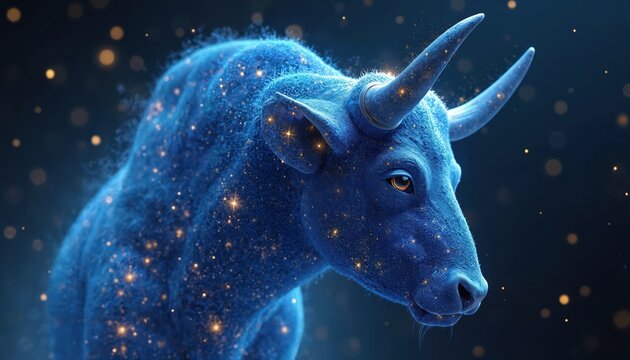 Blue bull animal covered in golden sparkles appears in dark night sky with glowing stars. Cosmic bull has horns and looks forward mystically. Zodiac symbol for Taurus.
