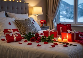 romantic bedroom with gifts and roses on the bed