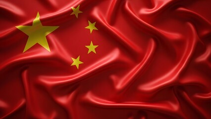 Closeup of a chinese flag on a red satin fabric background
