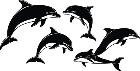 Naklejka premium Jumping dolphin silhouette vector illustration set, marine mammals swimming and diving, mother and baby dolphin isolated on white background