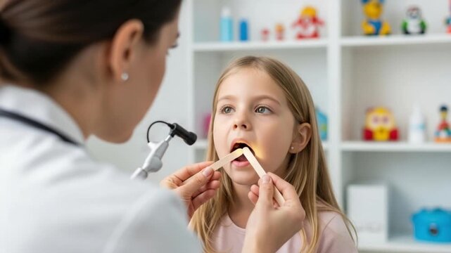 A female doctor examining a young girls mouth with a tongue depressor in a clinic