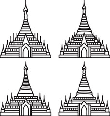 Set of Myanmar heritage Outline vector illustration isolated On Transparent Background
