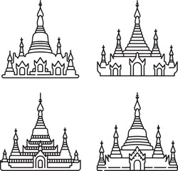Set of Myanmar heritage Outline vector illustration isolated On Transparent Background