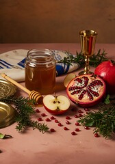 Rosh Hashanah symbols on pink table