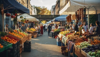 A vibrant outdoor street market filled with fresh colorful produce and many people browsing the stalls under sunny skies with traditional city buildings in the background