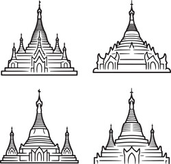 Set of Myanmar heritage Outline vector illustration isolated On Transparent Background