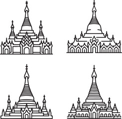 Set of Myanmar heritage Outline vector illustration isolated On Transparent Background