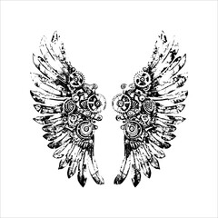 Steampunk Wings Illustration with Mechanical Gears and Feathers