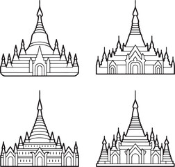 Set of Myanmar heritage Outline vector illustration isolated On Transparent Background