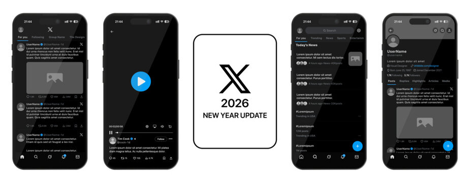 X formerly Twitter UI mockup 2026 update template featuring Home, Profile, and Post screens with transparent and green screen layouts, displayed on iPhone 17 Pro with logo.