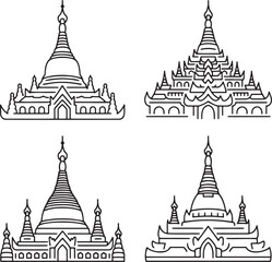 Set of Myanmar heritage Outline vector illustration isolated On Transparent Background