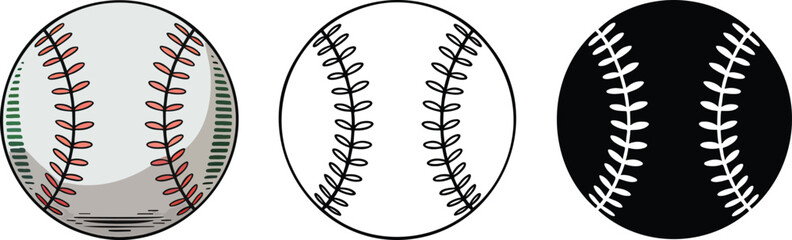 Baseball silhouette & Outline and illustration set isolated on transparent background
