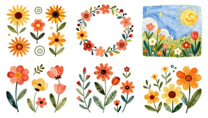 Obraz premium Vibrant Floral Illustration Featuring Sunflowers, Wildflowers, and Nature Scene with Sun in Background