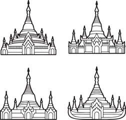 Set of Myanmar heritage Outline vector illustration isolated On Transparent Background