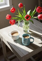 Spring Morning Coffee and Tulips