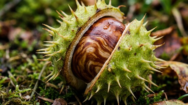Closeup of a Spiky Green Chestnut Husking Open Revealing a Brown Nut on Forest Ground