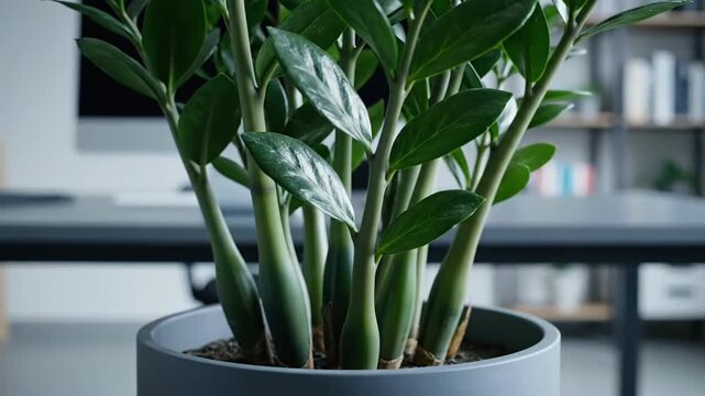 Zamioculcas Plant In Modern Office Space Minimalist Aesthetic Close Up Home Decor