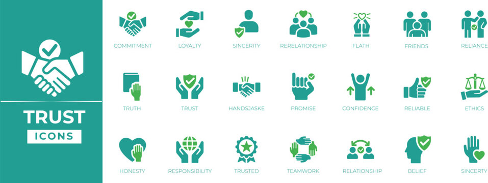 Trust best solid icon set collection. reliance, commitment, responsibility, promise, friends,  assurance, belief, confidence, faith, handshake and vector illustration