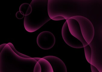Abstract purple gradient shapes and spheres on black background 