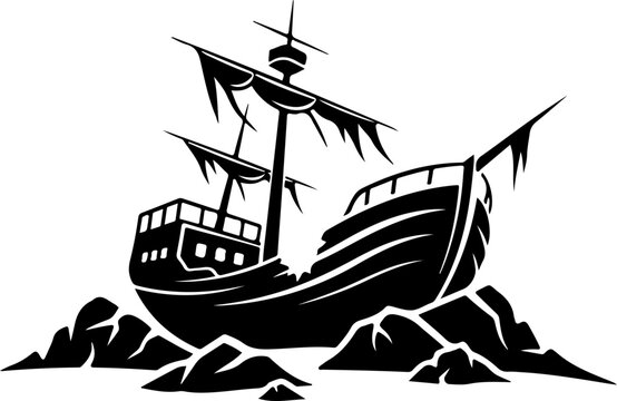 Beached shipwreck silhouette vector illustration