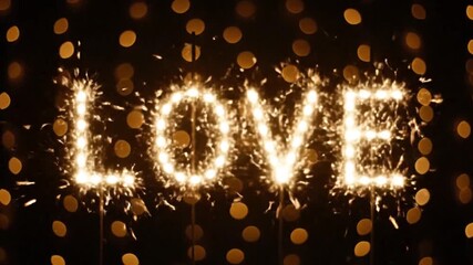 Sparkling 'LOVE' word beautifully illuminated with golden sparklers against a dark, festive background filled with warm bokeh lights, perfect for romantic celebrations and heartfelt declarations