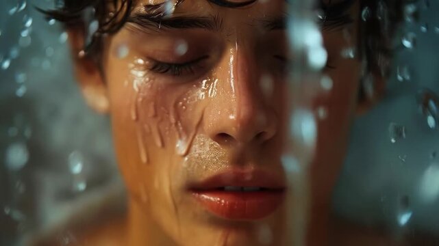 The wet face, covered with drops of water, reflects fatigue, highlighting the problem of climate disasters &mdash; the perfect atmospheric backdrop for social campaigns on global warming.
