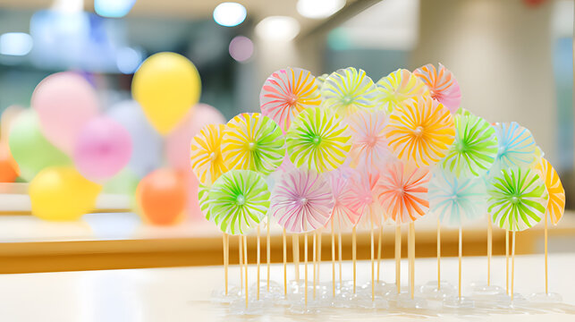 libertarian. Colorful party blowers and balloons on a table, festive celebration with soft lighting. lifestyle magazines.