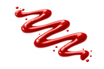 Red sauce drizzling in a zigzag pattern with drops, showcasing glossy liquid texture and food condiment concept