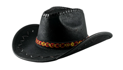 A black cowboy hat with decorative band and stitched brim, isolated on dark background