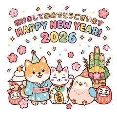 Fototapeta premium Happy New Year 2026 Greeting with Adorable Japanese Lucky Charms and Animals in Festive Attire