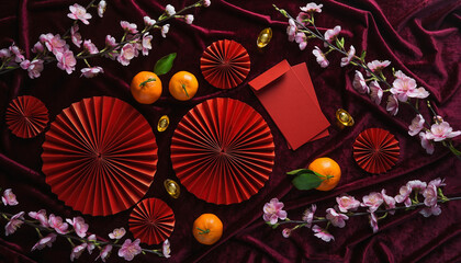 Red fans and tangerines surrounded by cherry blossoms on a luxurious fabric background