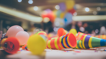 libertarian. Colorful party blowers and balloons on a table, festive celebration with soft lighting. lifestyle magazines.