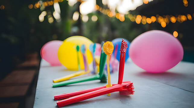 libertarian. Colorful party blowers and balloons on a table, festive celebration with soft lighting. lifestyle magazines.