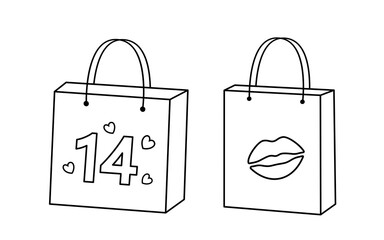 Valentine's Day gift bag coloring pages and templates.
Set of Valentine shopping paper bag outline.