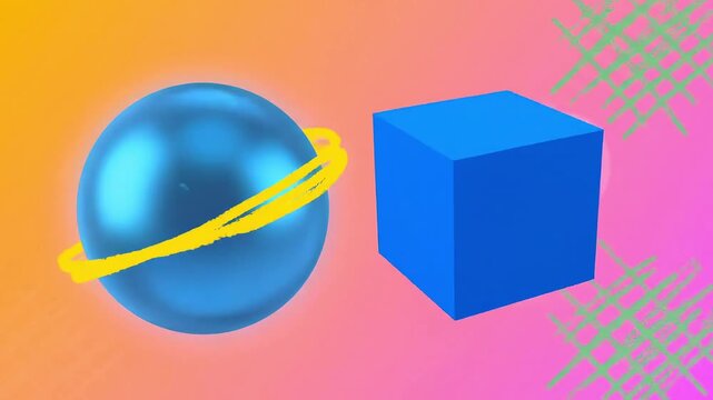 Modern abstract digital art blue sphere with yellow ring and blue cube. Geometric forms on vibrant gradient background, reflecting contemporary design