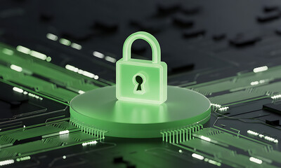 Cybersecurity concept a glowing green padlock symbolizing digital security and data protection on a circuit board background