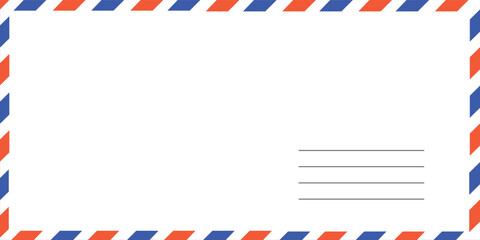 Airmail Envelope frame images with strips. International vintage letter border. Retro air mail postcard with blue and red stripes. Empty classic postal frame. Vector illustration.modern