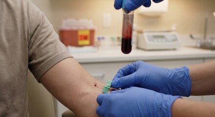 Obraz premium Close-up of Phlebotomist Drawing Blood from Patient's Arm in Clinic.